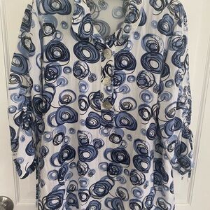 White and Blue 3/4 Sleeve Boxy Button Down Shirt